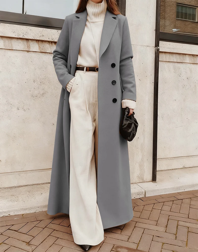 Damen Wollmantel lang – zweireihig, mit tiefen Taschen