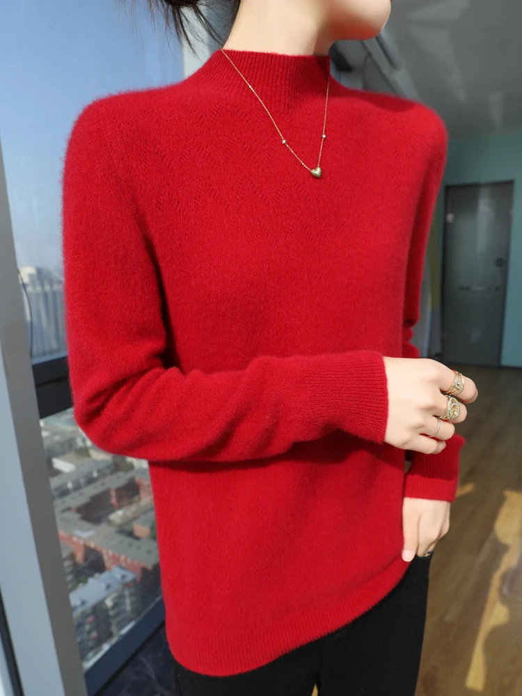 Damen Schlanker minimalistischer Stehkragen-Feinstrickpullover mit geripptem Hals Nord Taschen