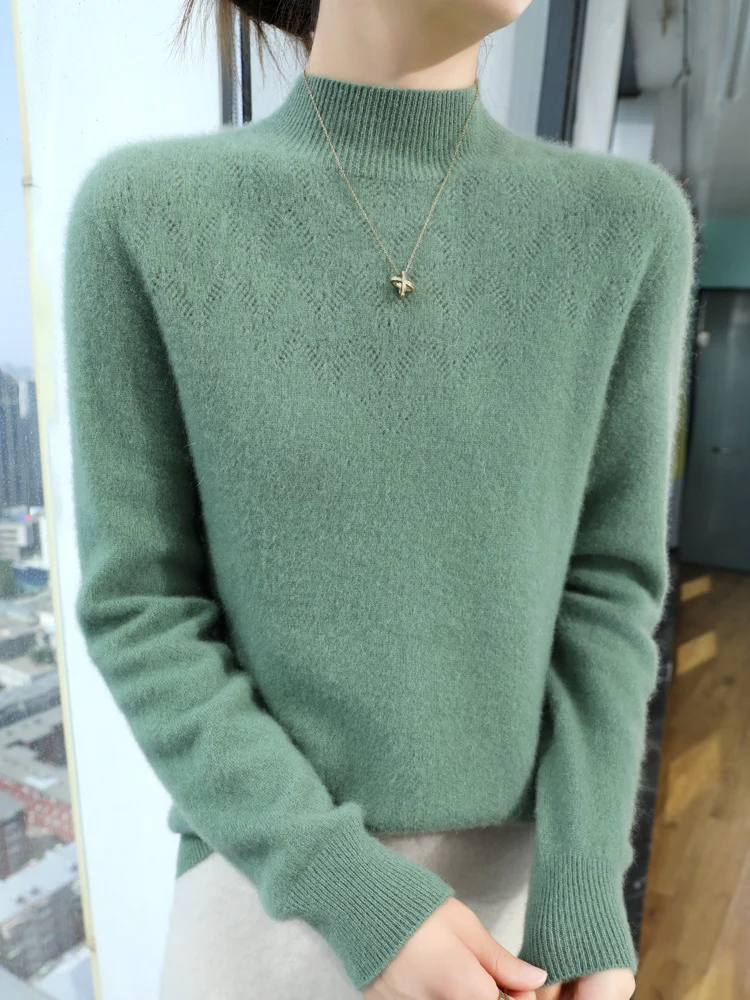 Damen Schlanker minimalistischer Stehkragen-Feinstrickpullover mit geripptem Hals Nord Taschen