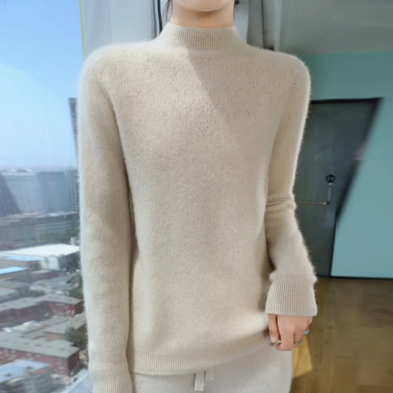 Damen Schlanker minimalistischer Stehkragen-Feinstrickpullover mit geripptem Hals Nord Taschen