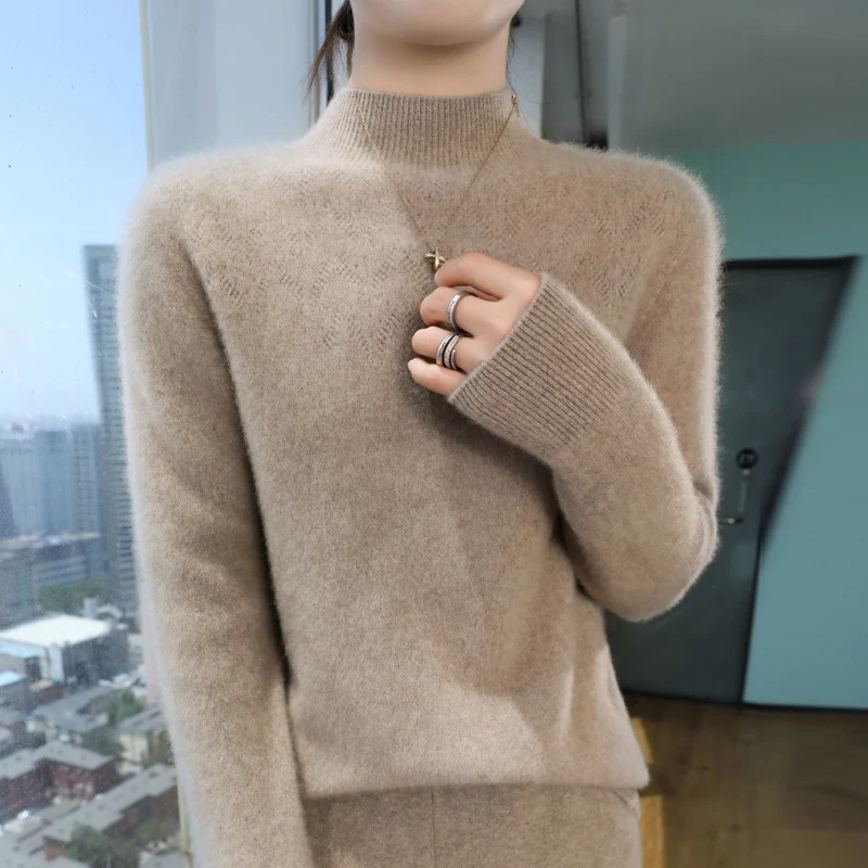Damen Schlanker minimalistischer Stehkragen-Feinstrickpullover mit geripptem Hals Nord Taschen