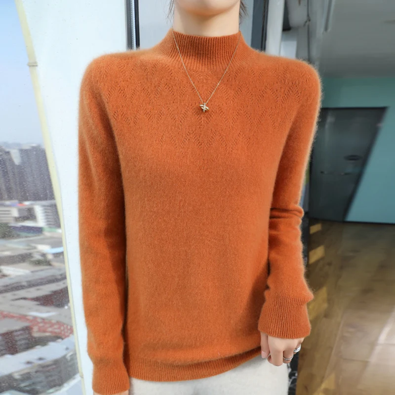 Damen Schlanker minimalistischer Stehkragen-Feinstrickpullover mit geripptem Hals Nord Taschen