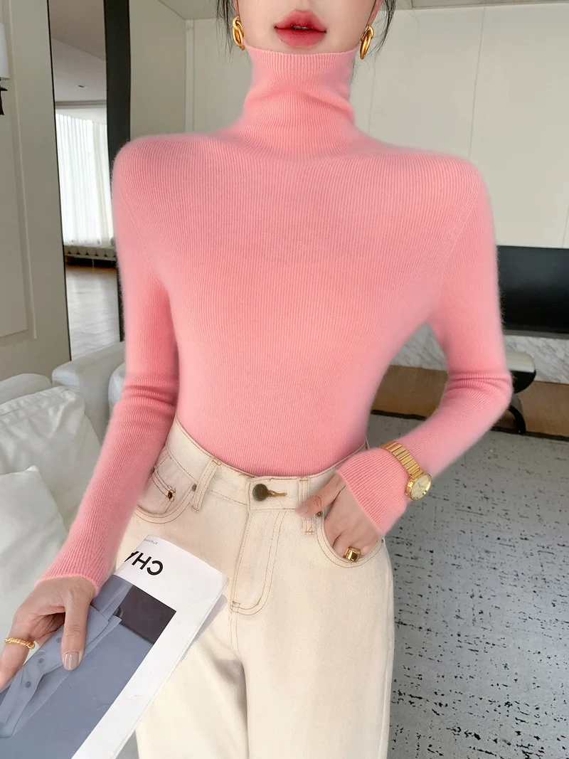 Damen Schlanker Feinstrickpullover mit hohem Rollkragen und feiner Rippstruktur Nord Taschen