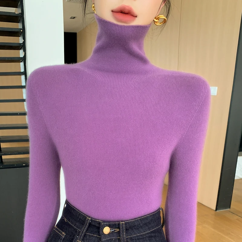 Damen Schlanker Feinstrickpullover mit hohem Rollkragen und feiner Rippstruktur Nord Taschen