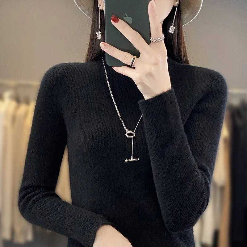 Damen Schlanker Feinstrick-Mockneckpullover aus feinem Angora‑Mix Nord Taschen