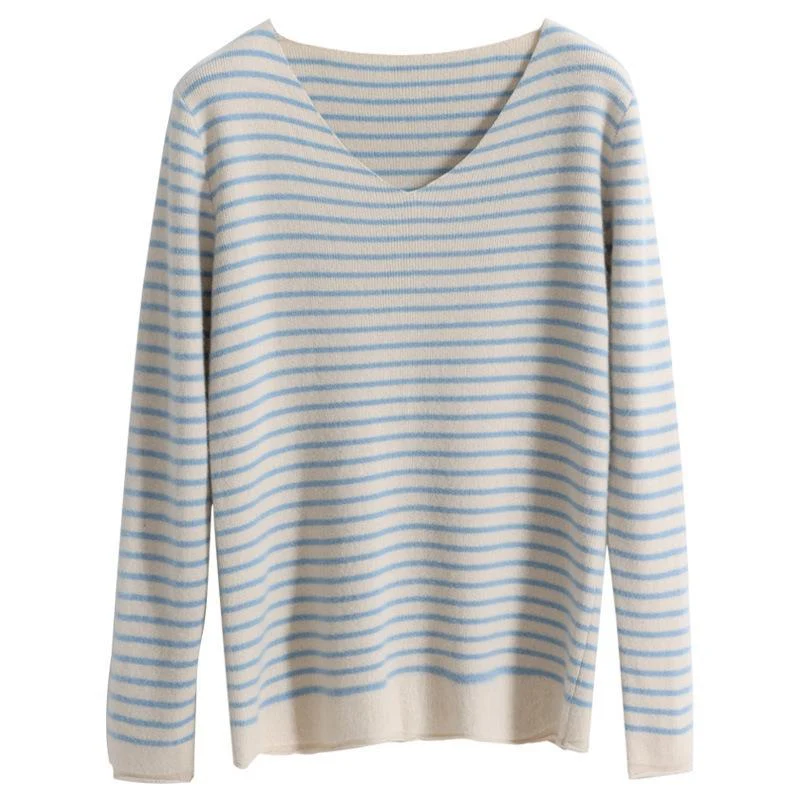 Damen Zarter Streifen-V‑Ausschnittpullover aus feinem Rippstrick mit weichem Fall Nord Taschen