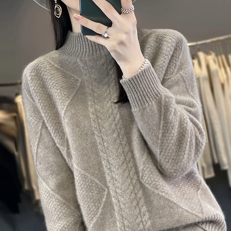 Damen Weicher Zopfstrick-Mockneckpullover mit Strukturpatches und flauschiger Mohair-Optik Nord Taschen