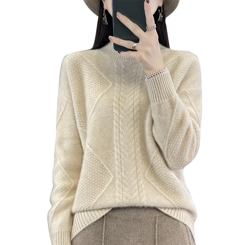 Damen Weicher Zopfstrick-Mockneckpullover mit Strukturpatches und flauschiger Mohair-Optik Nord Taschen