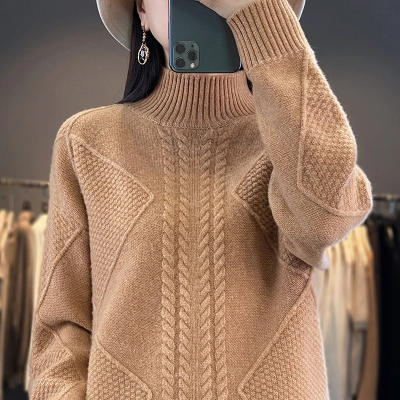 Damen Weicher Zopfstrick-Mockneckpullover mit Strukturpatches und flauschiger Mohair-Optik Nord Taschen