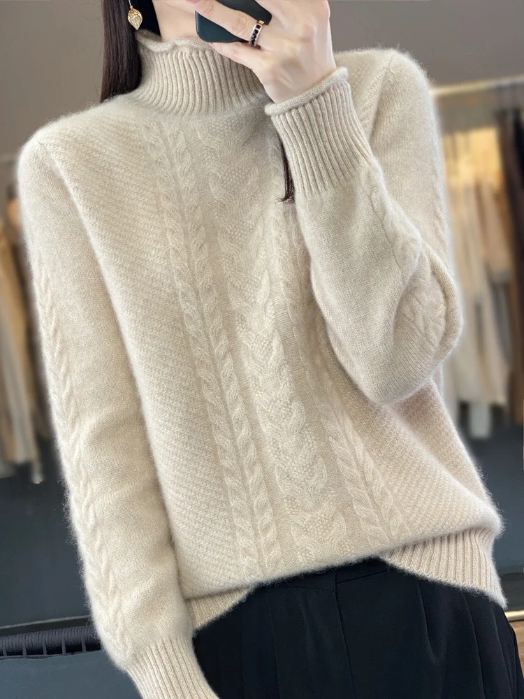 Damen Weicher Zopfstrick‑Mockneckpullover mit kaschmirähnlicher Haptik und verlängerten Rippbündchen Nord Taschen