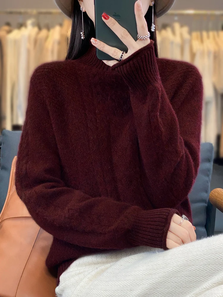 Damen Weicher Zopfstrick‑Mockneckpullover mit kaschmirähnlicher Haptik und verlängerten Rippbündchen Nord Taschen