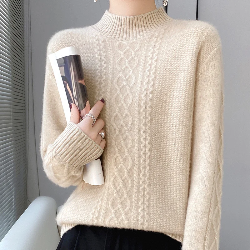 Damen Weicher Zopfstrick-Mockneck-Pullover mit leichtem Mohair-Effekt Nord Taschen