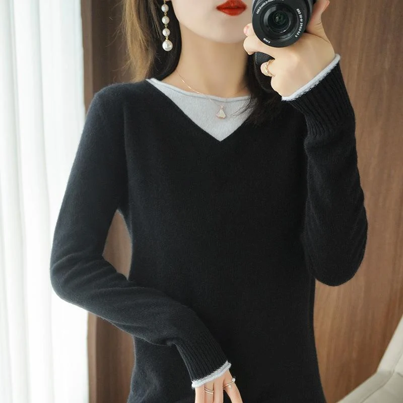Damen Weicher V‑Ausschnitt-Pullover aus Kaschmir‑Look mit kontrastierter Kantenverzierung Nord Taschen