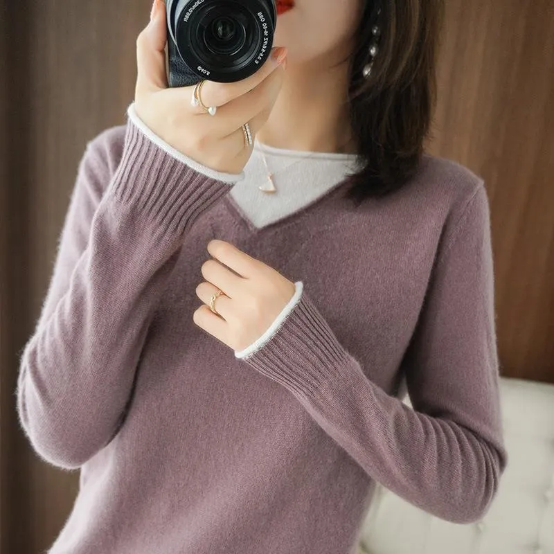 Damen Weicher V‑Ausschnitt-Pullover aus Kaschmir‑Look mit kontrastierter Kantenverzierung Nord Taschen