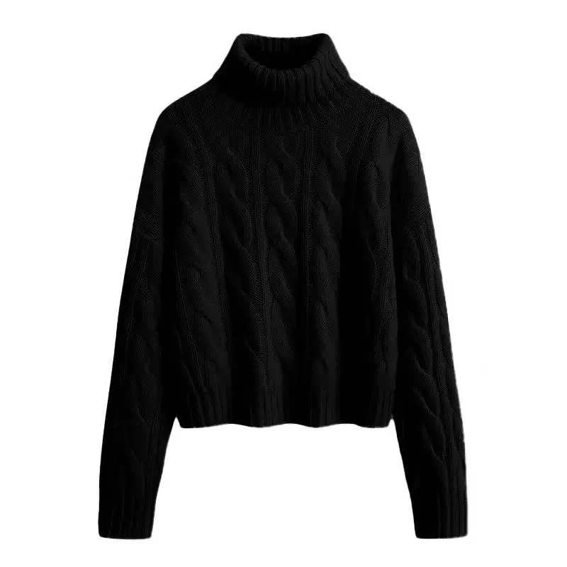 Damen Kurzgeschnittener Zopfmuster‑Turtleneckpullover mit kastiger Silhouette Nord Taschen