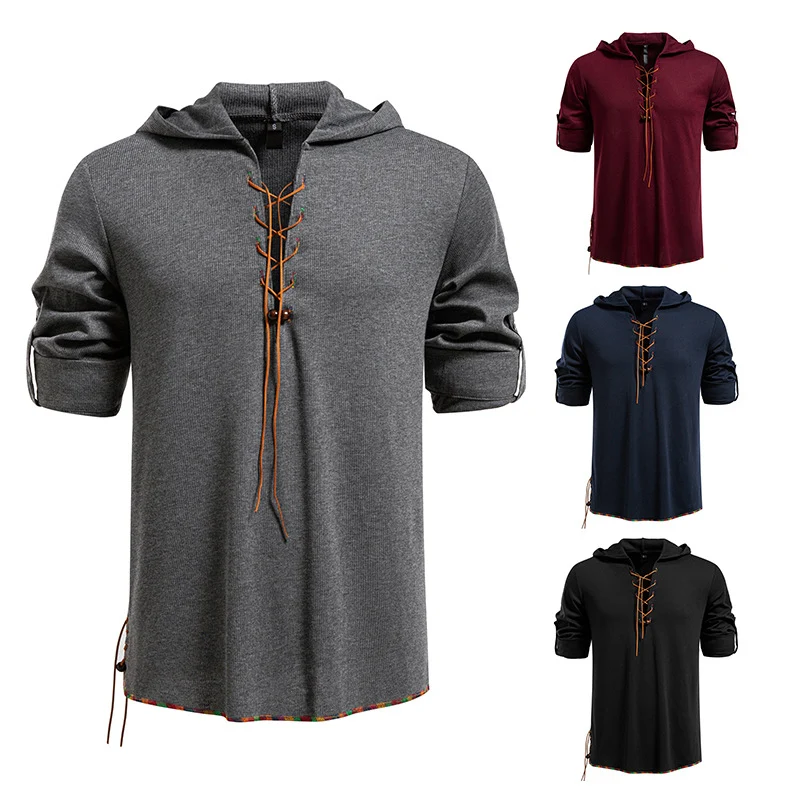 Herren Leichtes Kapuzen-Langarmshirt mit Schnürfront und aufrollbaren Dreiviertel-Ärmeln Nord Taschen