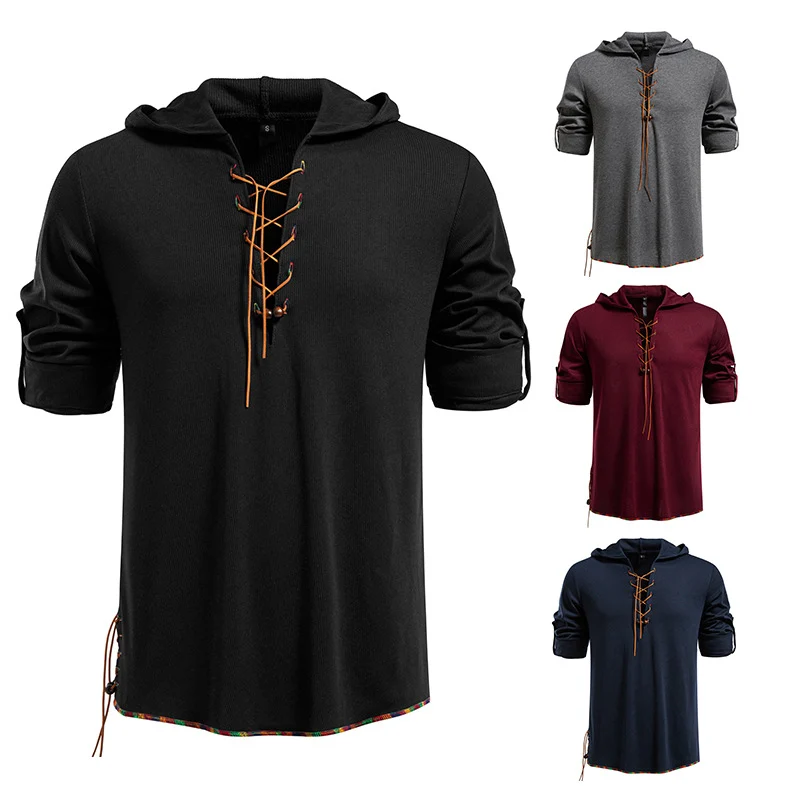 Herren Leichtes Kapuzen-Langarmshirt mit Schnürfront und aufrollbaren Dreiviertel-Ärmeln Nord Taschen
