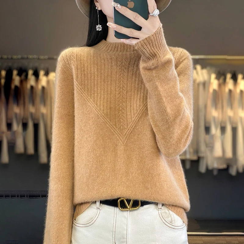 Damen Lockerer Mohair‑Blend Pullover mit strukturierter V‑Paneel und Stehkragen Nord Taschen