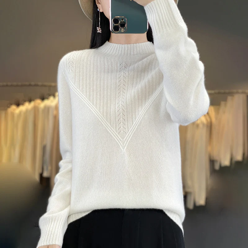 Damen Lockerer Mohair‑Blend Pullover mit strukturierter V‑Paneel und Stehkragen Nord Taschen