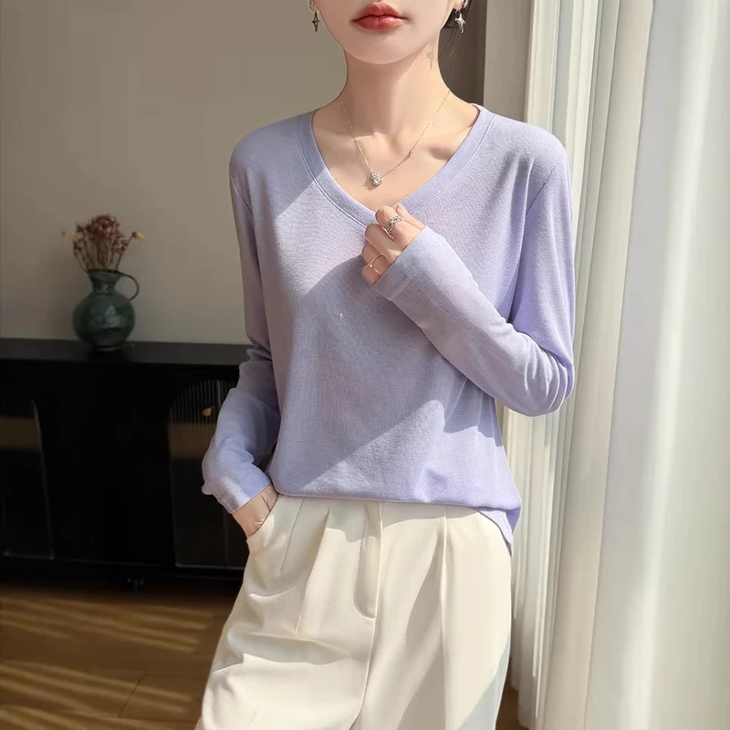 Damen Leichtes V-Ausschnitt-Feinstrick-Longsleeve Nord Taschen