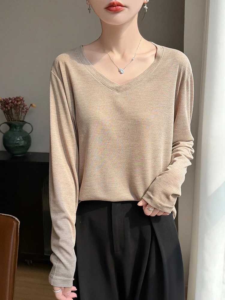 Damen Leichtes V-Ausschnitt-Feinstrick-Longsleeve Nord Taschen