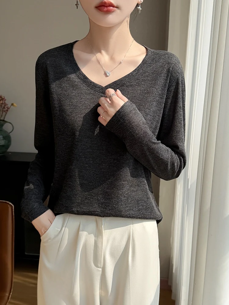 Damen Leichtes V-Ausschnitt-Feinstrick-Longsleeve Nord Taschen