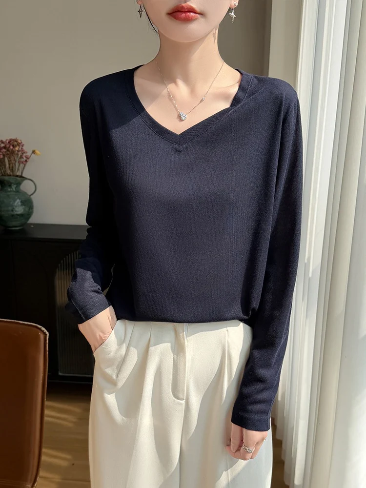 Damen Leichtes V-Ausschnitt-Feinstrick-Longsleeve Nord Taschen