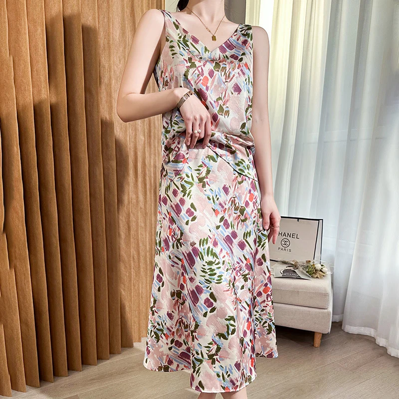 Damen Satin-Midirock mit abstraktem Aquarell-Blumenprint und hohem Bund Nord Taschen