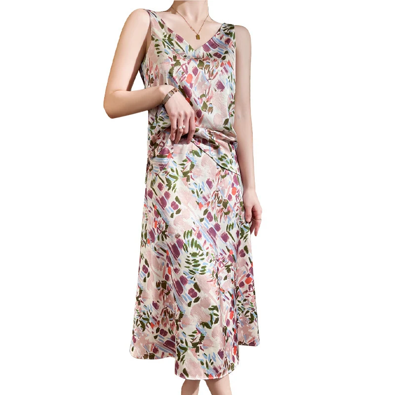 Damen Satin-Midirock mit abstraktem Aquarell-Blumenprint und hohem Bund Nord Taschen