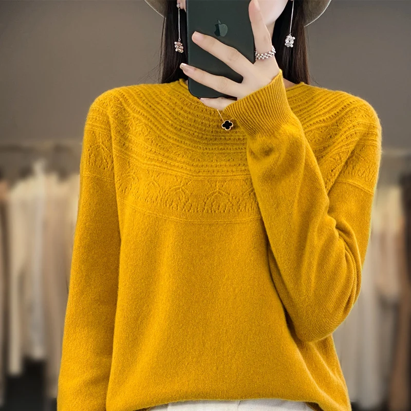 Damen Rundhals-Feinstrickpullover mit strukturierter Passe und Kaschmir-Optik Nord Taschen