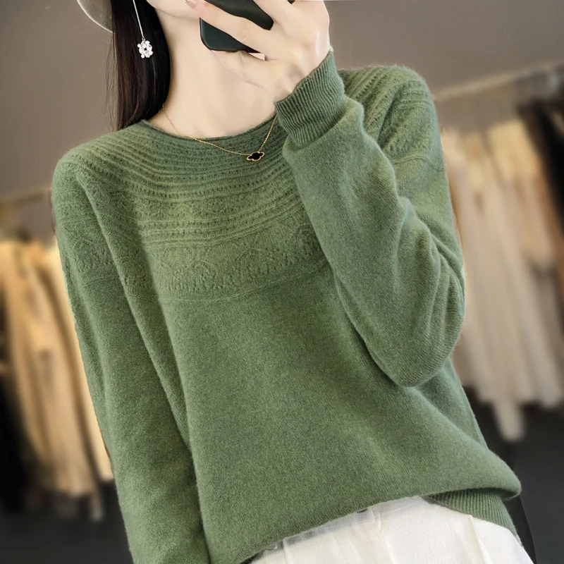 Damen Rundhals-Feinstrickpullover mit strukturierter Passe und Kaschmir-Optik Nord Taschen