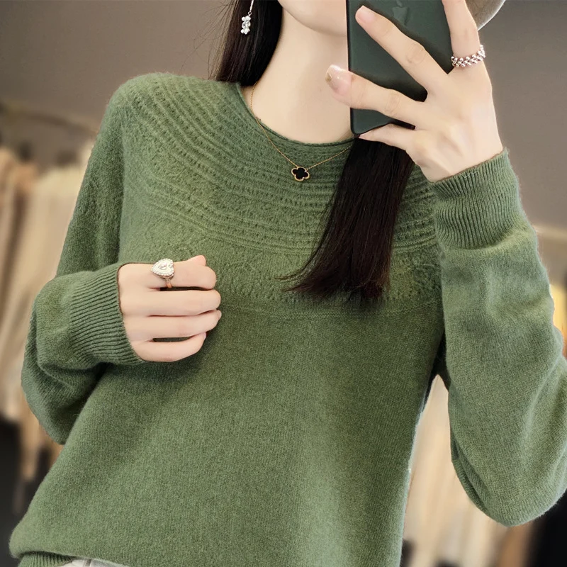 Damen Rundhals-Feinstrickpullover mit strukturierter Passe und Kaschmir-Optik Nord Taschen