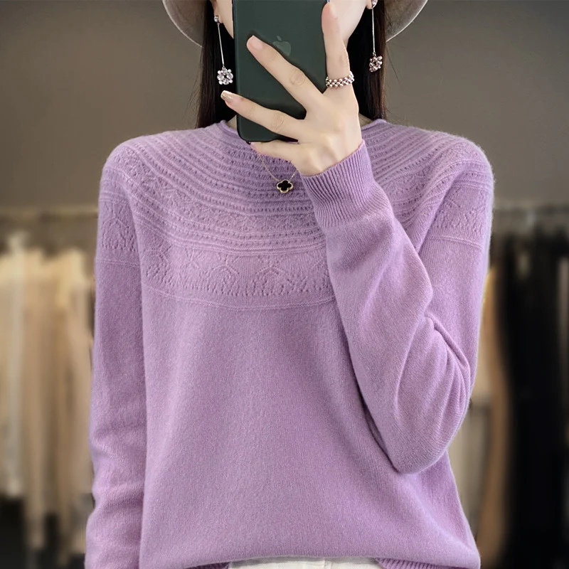 Damen Rundhals-Feinstrickpullover mit strukturierter Passe und Kaschmir-Optik Nord Taschen