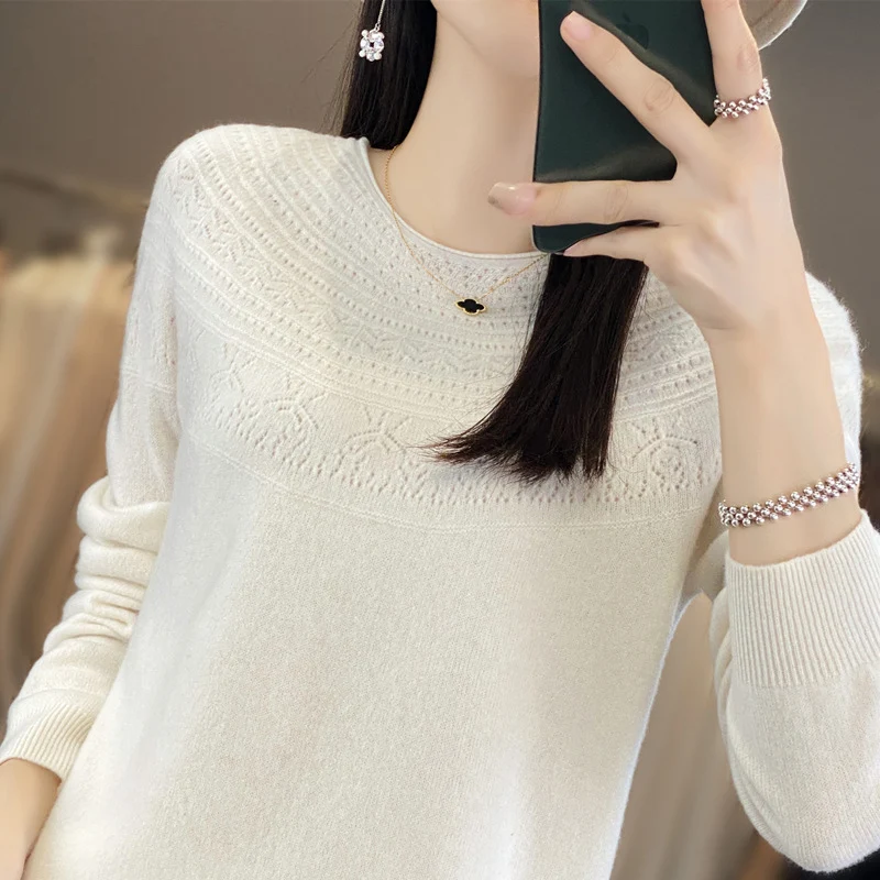 Damen Rundhals-Feinstrickpullover mit strukturierter Passe und Kaschmir-Optik Nord Taschen