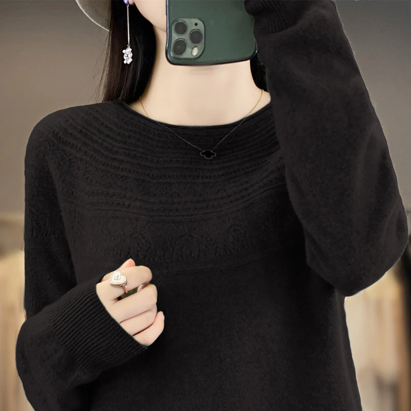 Damen Rundhals-Feinstrickpullover mit strukturierter Passe und Kaschmir-Optik Nord Taschen
