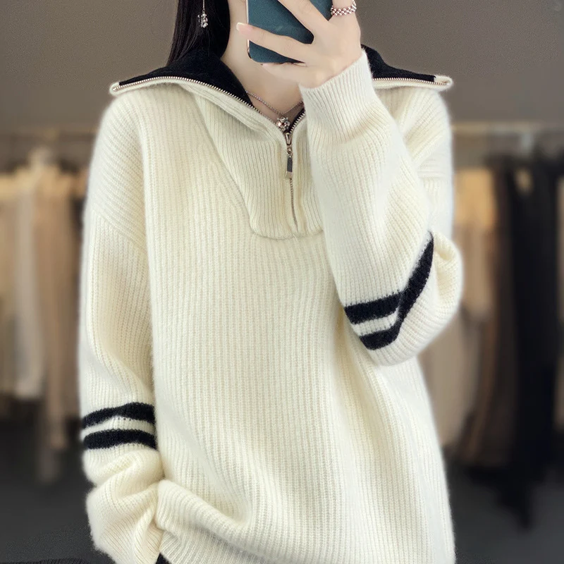 Damen Rippenstrick-Pullover mit halbem Reißverschluss, hohem Stehkragen und lässiger Passform Nord Taschen