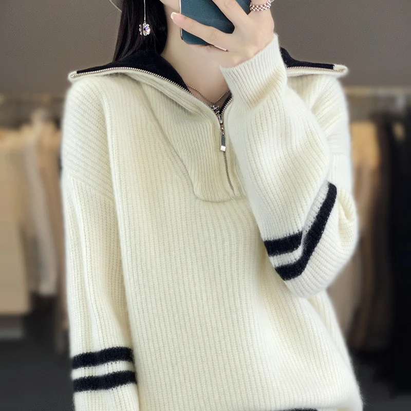 Damen Rippenstrick-Pullover mit halbem Reißverschluss, hohem Stehkragen und lässiger Passform Nord Taschen