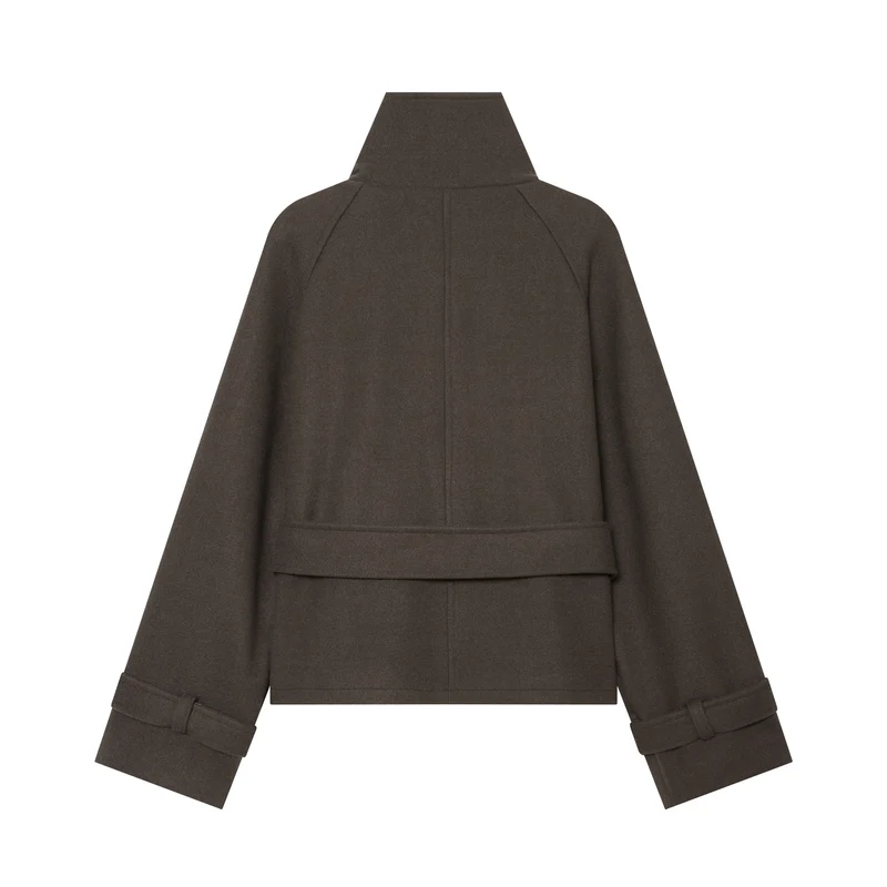 Damen Kurze doppeltreihige Wollmix‑Capejacke mit hohem Stehkragen und Taillengürtel Nord Taschen