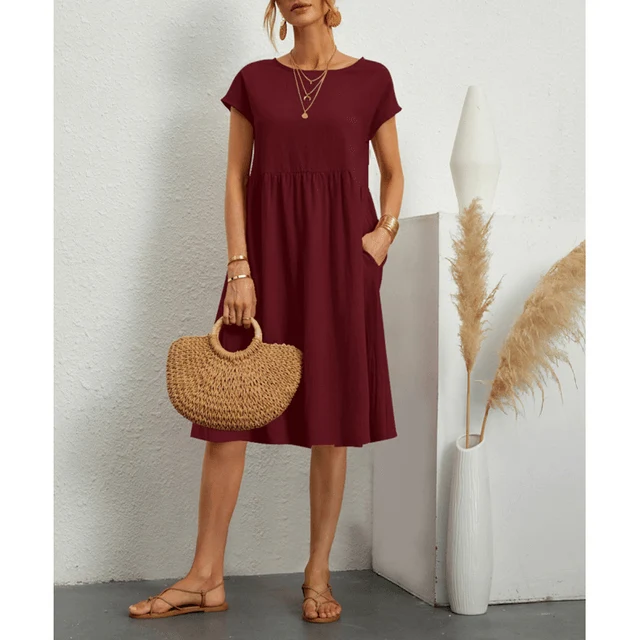 Damen Baumwoll Leinen Midi Kleid