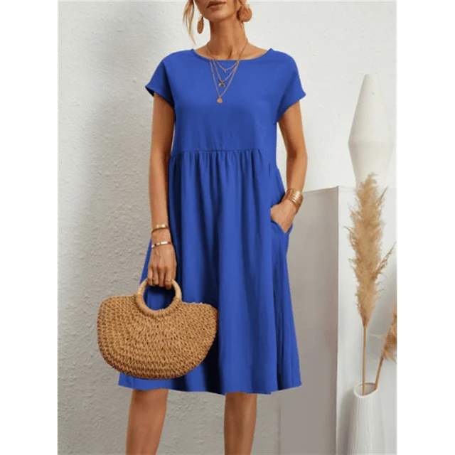 Damen Baumwoll Leinen Midi Kleid
