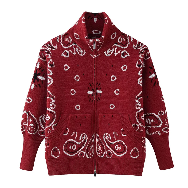 Damen 40+ gemusterte Strickjacke mit Reißverschluss und Stehkragen Nord Taschen
