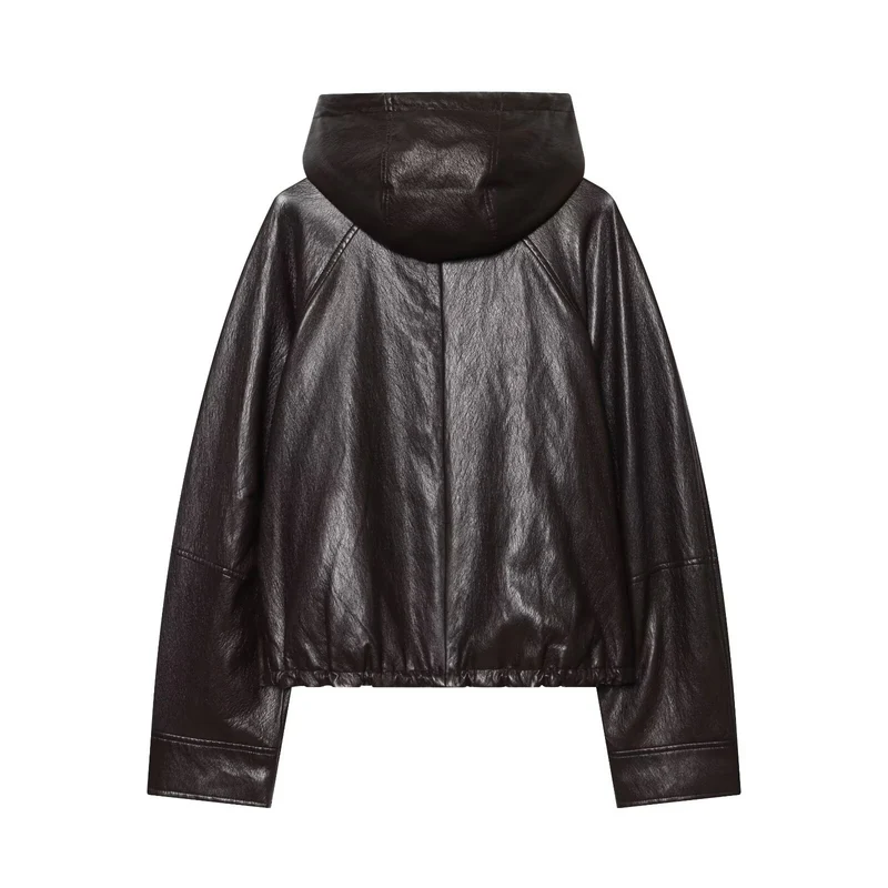 Damen Kapuzen-Leder-Bomberjacke mit Reißverschluss, Kordelzug und elastischem Saum Nord Taschen