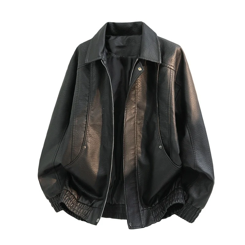 Herren Oversize Kunstleder-Bomberjacke mit Reißverschluss, elastischem Saum und Eingrifftaschen Nord Taschen