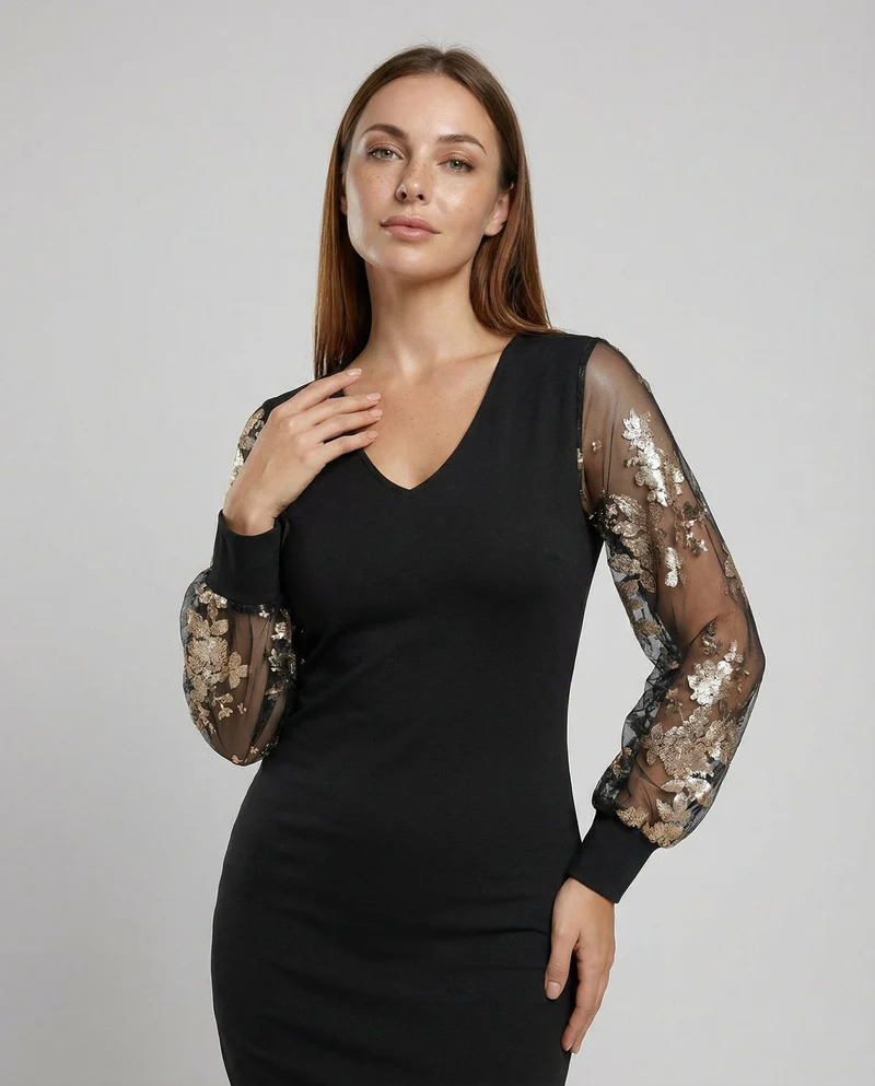 Schwarzes Blumen Mesh Midikleid