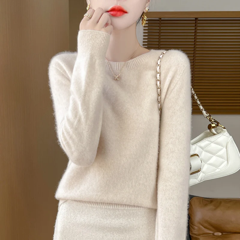 Damen Weicher Mohair‑Optik Rundhals‑Pullover mit feinem Rippsaum und leichter Oversize‑Passform Nord Taschen