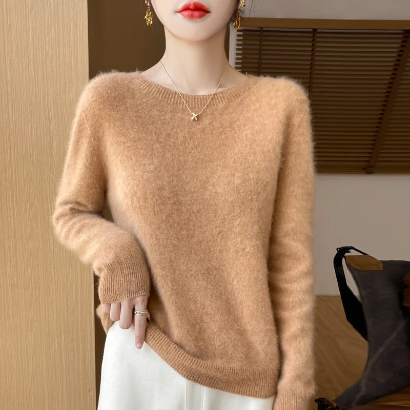 Damen Weicher Mohair‑Optik Rundhals‑Pullover mit feinem Rippsaum und leichter Oversize‑Passform Nord Taschen