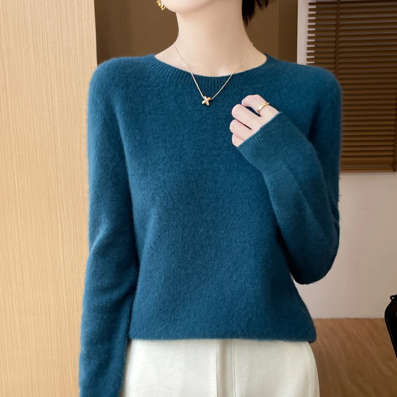 Damen Weicher Mohair‑Optik Rundhals‑Pullover mit feinem Rippsaum und leichter Oversize‑Passform Nord Taschen