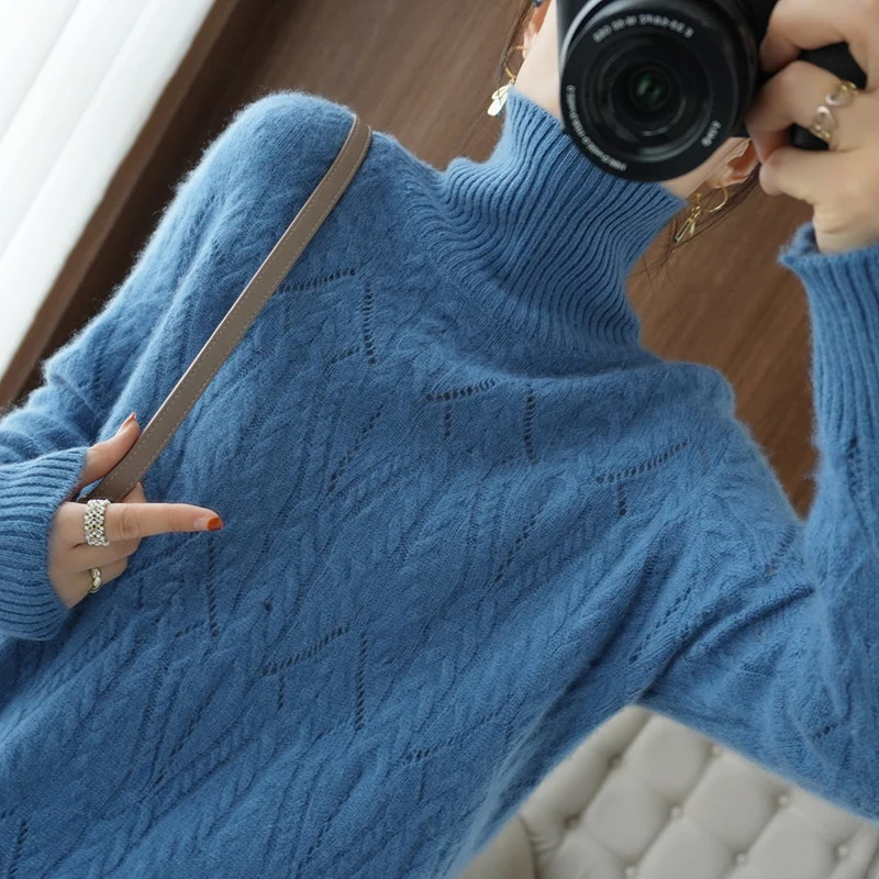 Damen Weicher Mohair‑Optik Oversize‑Rollkragenpullover mit Ajour‑Zopfstruktur Nord Taschen