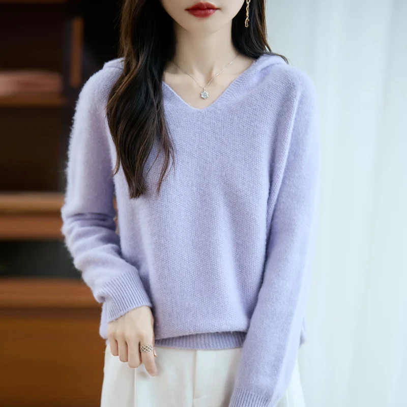 Damen Weicher Mohair‑Optik Kapuzenpullover mit V‑Ausschnitt und geripptem Saum Nord Taschen