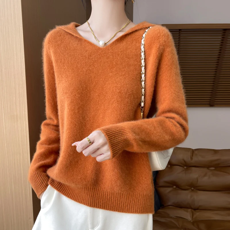 Damen Weicher Mohair‑Optik Kapuzenpullover mit V‑Ausschnitt und geripptem Saum Nord Taschen
